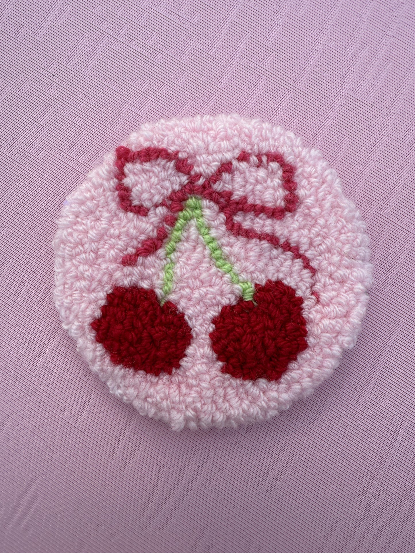 Coquette Cherries With Bow Tufted Coaster, Mug Rug, Punch Needle Car Coaster