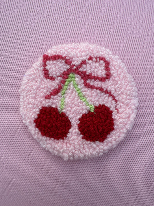 Coquette Cherries With Bow Tufted Coaster, Mug Rug, Punch Needle Car Coaster