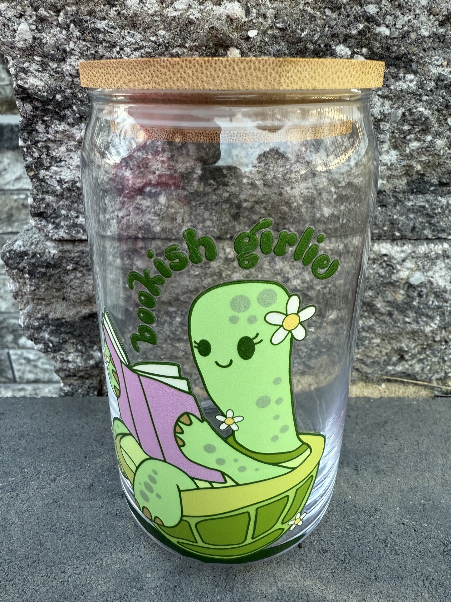 Bookish Girlie Reading Turtle Glass Can Cup