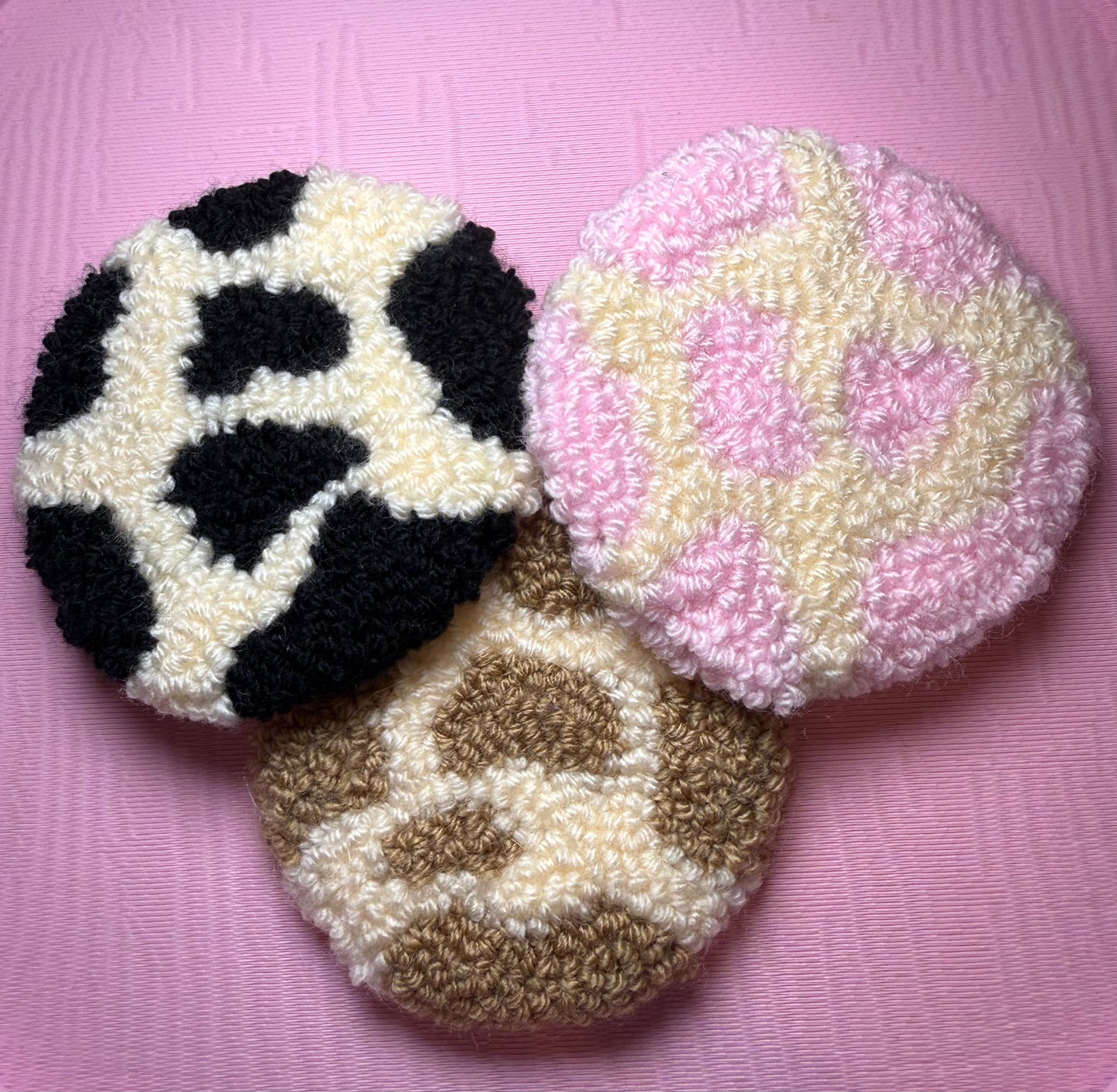 Cow Print Tufted Car Coaster, Mug Rug, Punch Needle Coaster